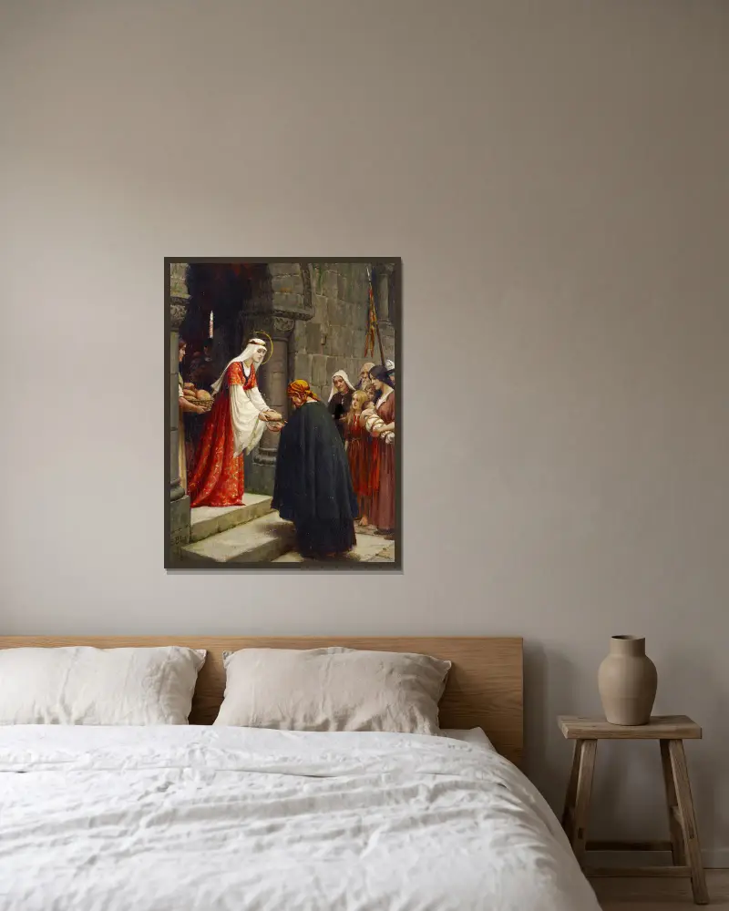 Den heliga Elisabeth av Ungerns barmhärtighet av Edmund Blair Leighton inramad på en vägg