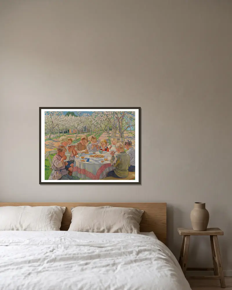 Tee im Apfelgarten von Nikolai Bogdanov-Belsky gerahmt an einer Wand