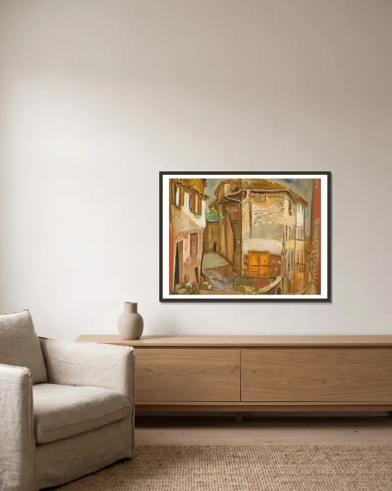 French Provincial Town av Boris Grigoriev inramad på en vägg