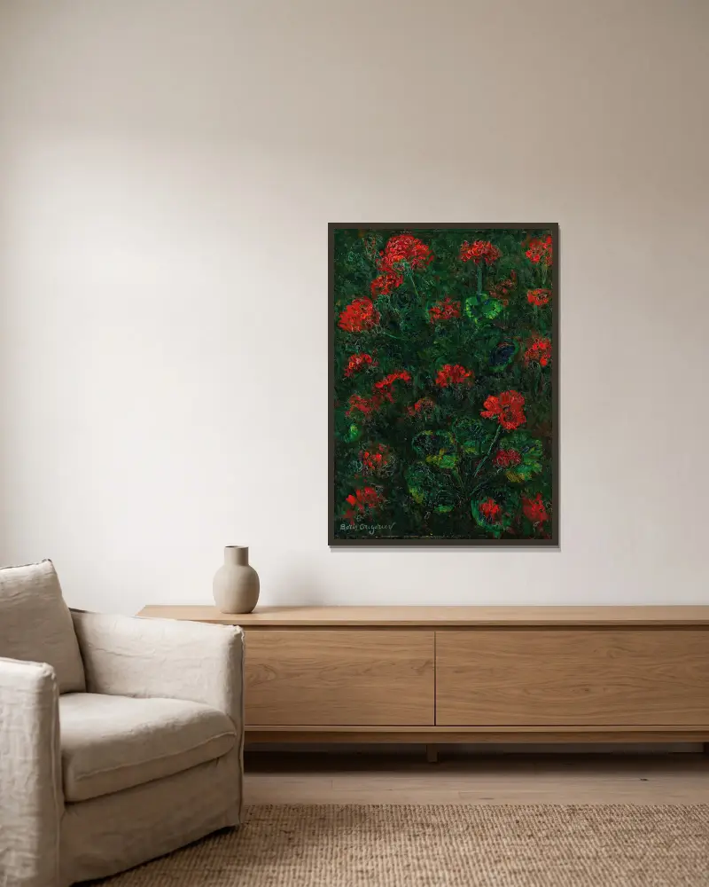 Geraniums av Boris Grigoriev inramad på en vägg