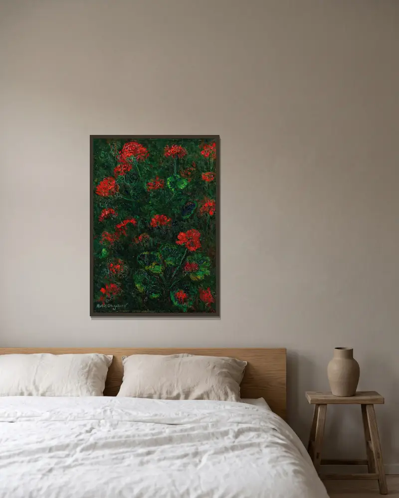 Geraniums av Boris Grigoriev inramad på en vägg