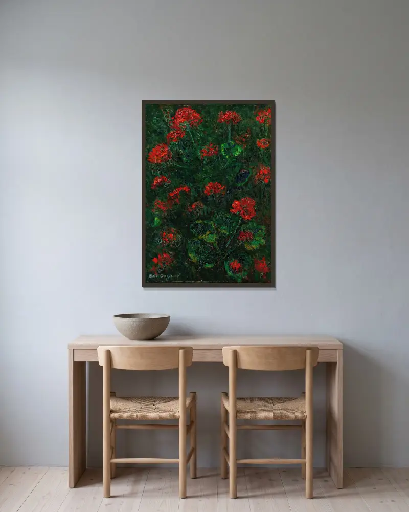 Geraniums av Boris Grigoriev inramad på en vägg