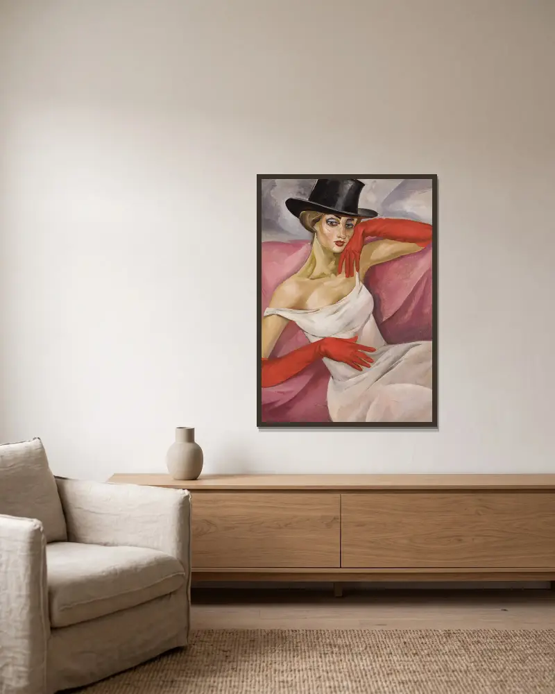 Lady in Top Hat av Boris Grigoriev inramad på en vägg