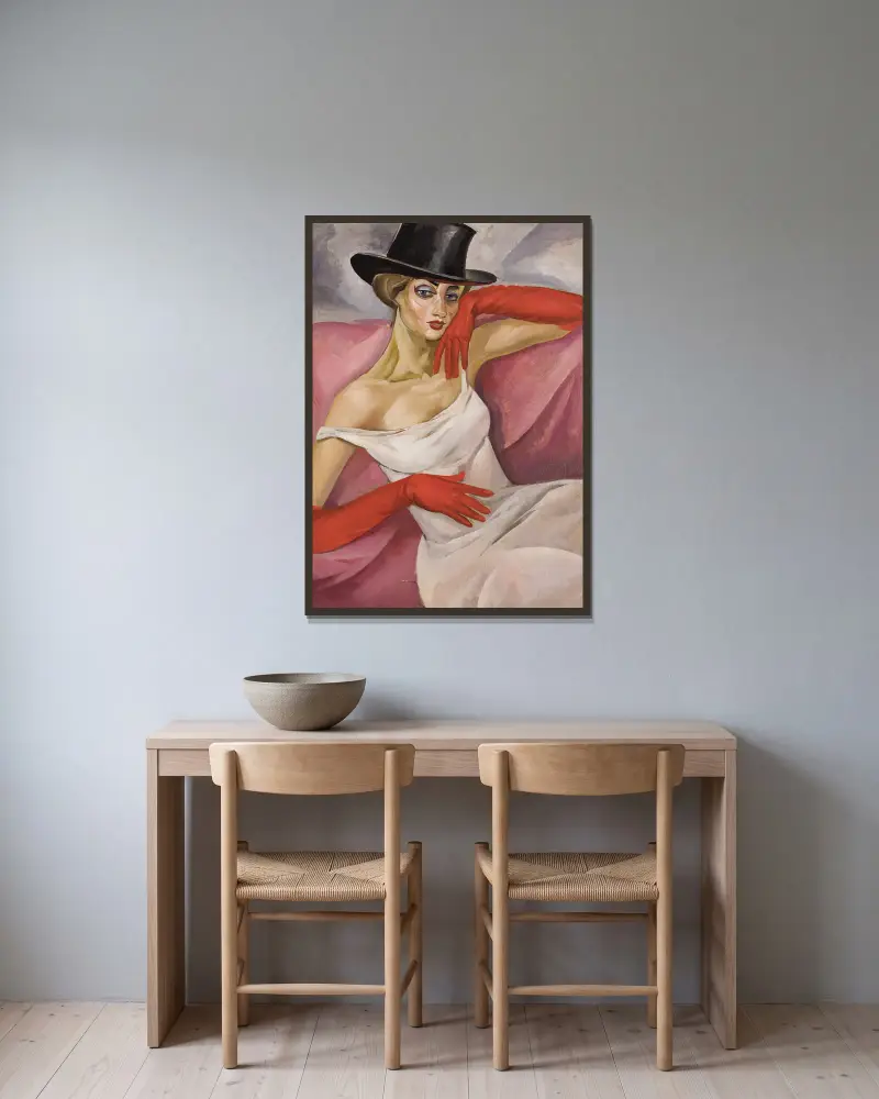 Lady in Top Hat av Boris Grigoriev inramad på en vägg