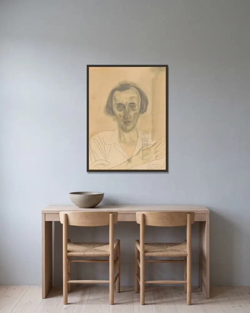 Portrait de Nicolas Evreinoff av Boris Grigoriev inramad på en vägg