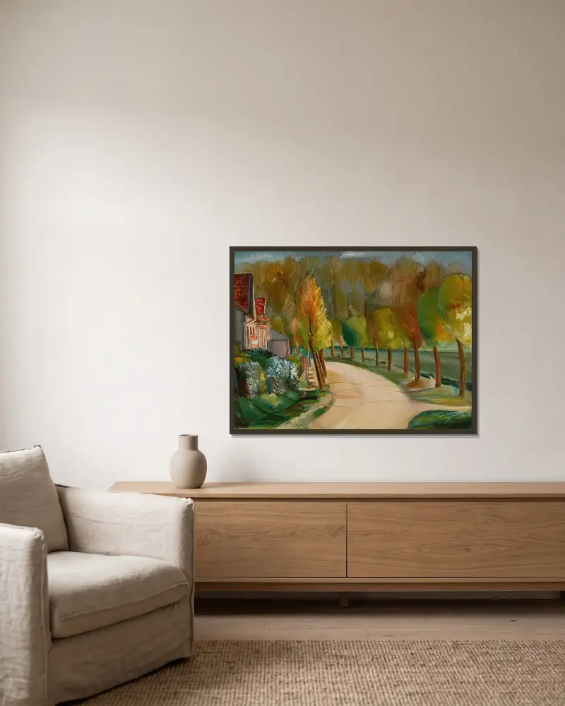 Riverside av Boris Grigoriev inramad på en vägg