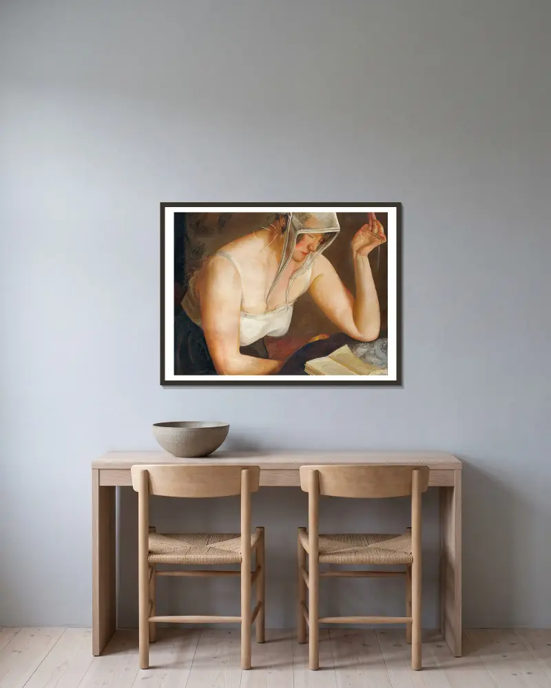 Frau beim Lesen von Boris Grigoriev gerahmt an einer Wand