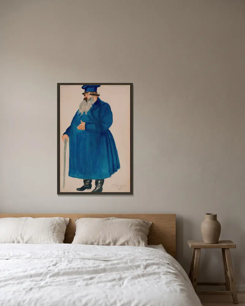 Kostymdesign för köpmannen Dikoj i Aleksandr Ostrovskijs pjäs 'Åskvädret' av Boris Kustodiev inramad på en vägg