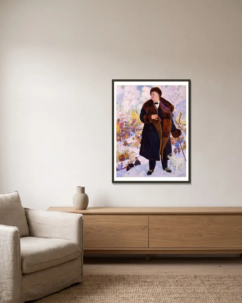 Portrait of Fyodor Chaliapin av Boris Kustodiev inramad på en vägg