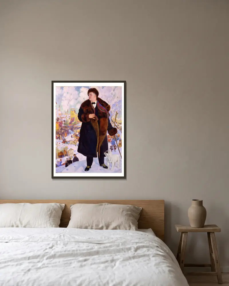 Portrait of Fyodor Chaliapin av Boris Kustodiev inramad på en vägg