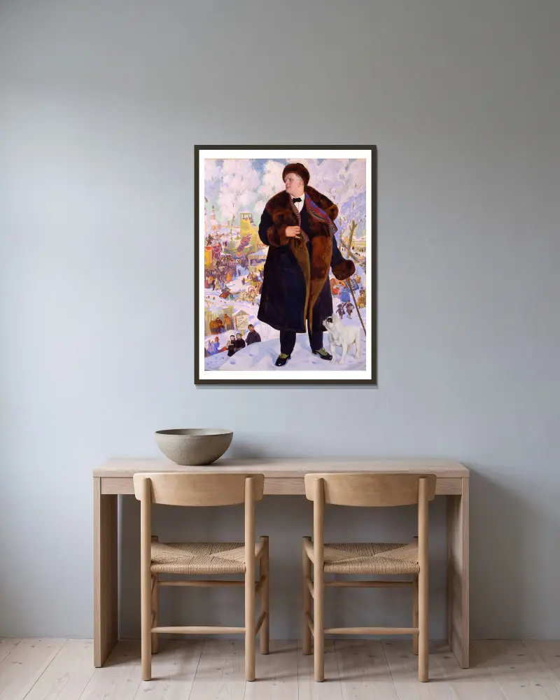 Portrait of Fyodor Chaliapin av Boris Kustodiev inramad på en vägg