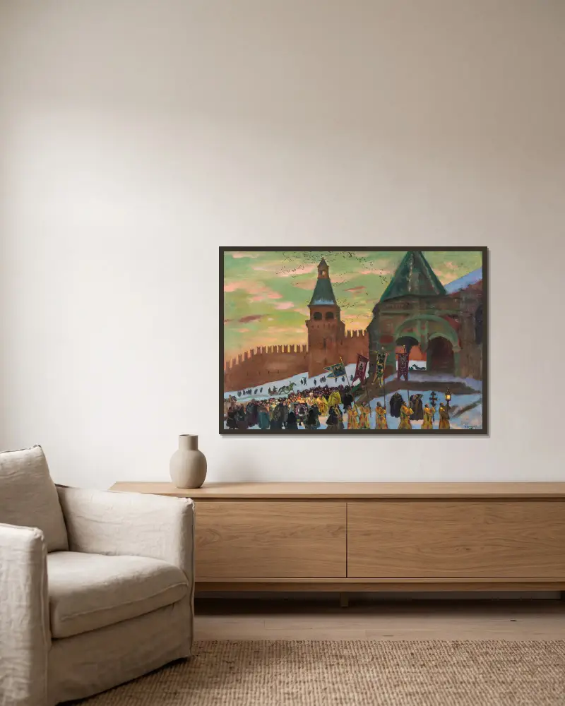 Procession by St Basil’s Cathedral, Moscow av Boris Kustodiev inramad på en vägg