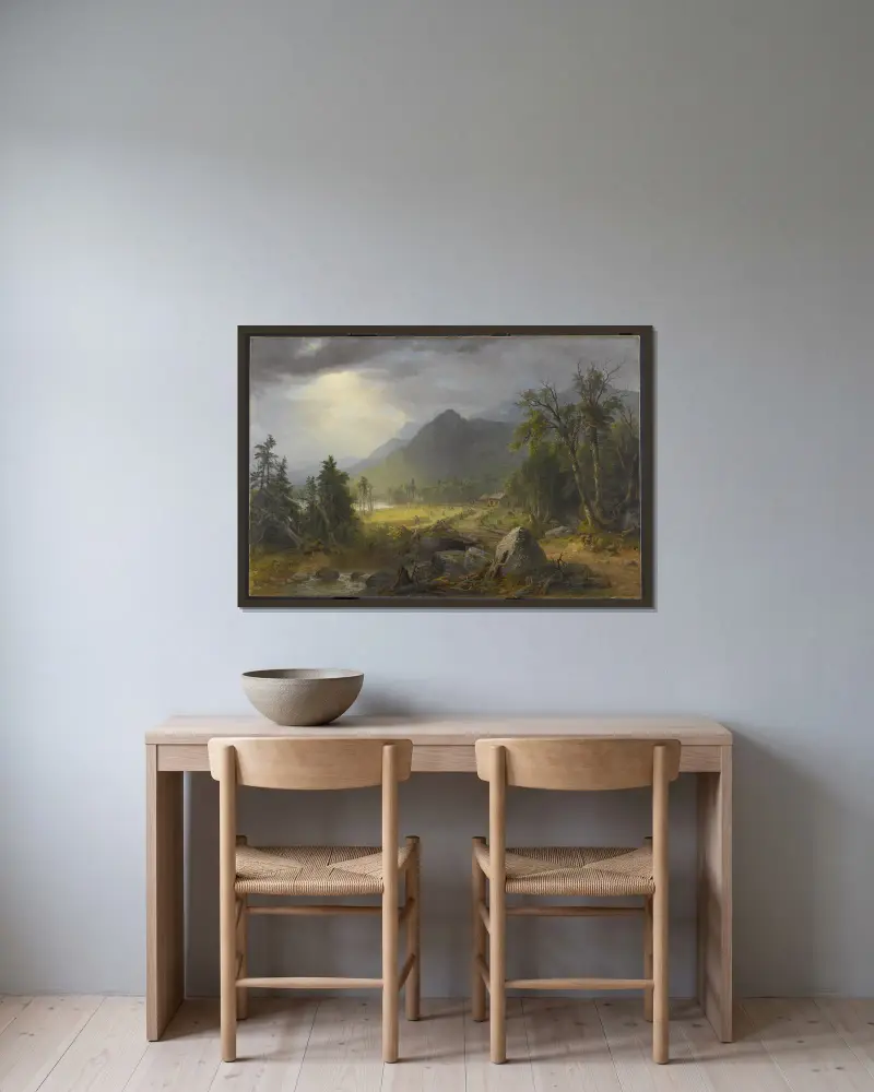 Den första skörden i vildmarken av Asher Brown Durand inramad på en vägg
