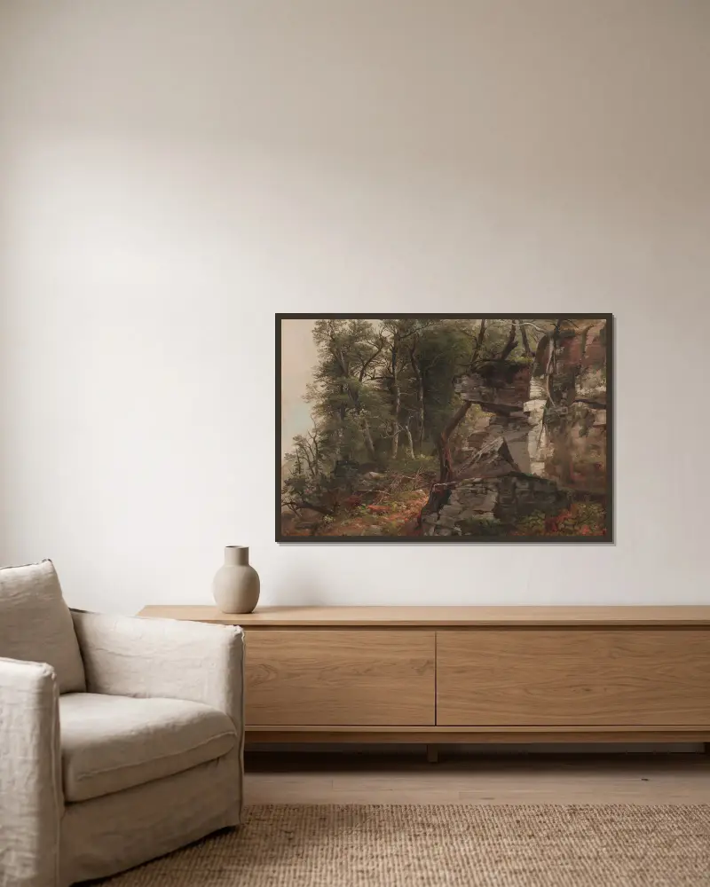 Stromy na skalnatém svahu, Asher Brown Durand v rámu na stěně