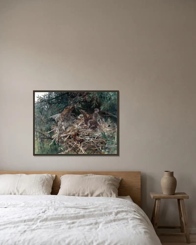 Habichtsnest von Bruno Liljefors gerahmt an einer Wand