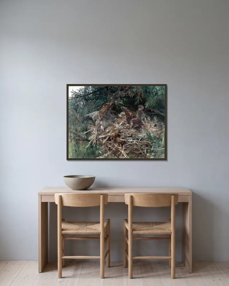 Habichtsnest von Bruno Liljefors gerahmt an einer Wand