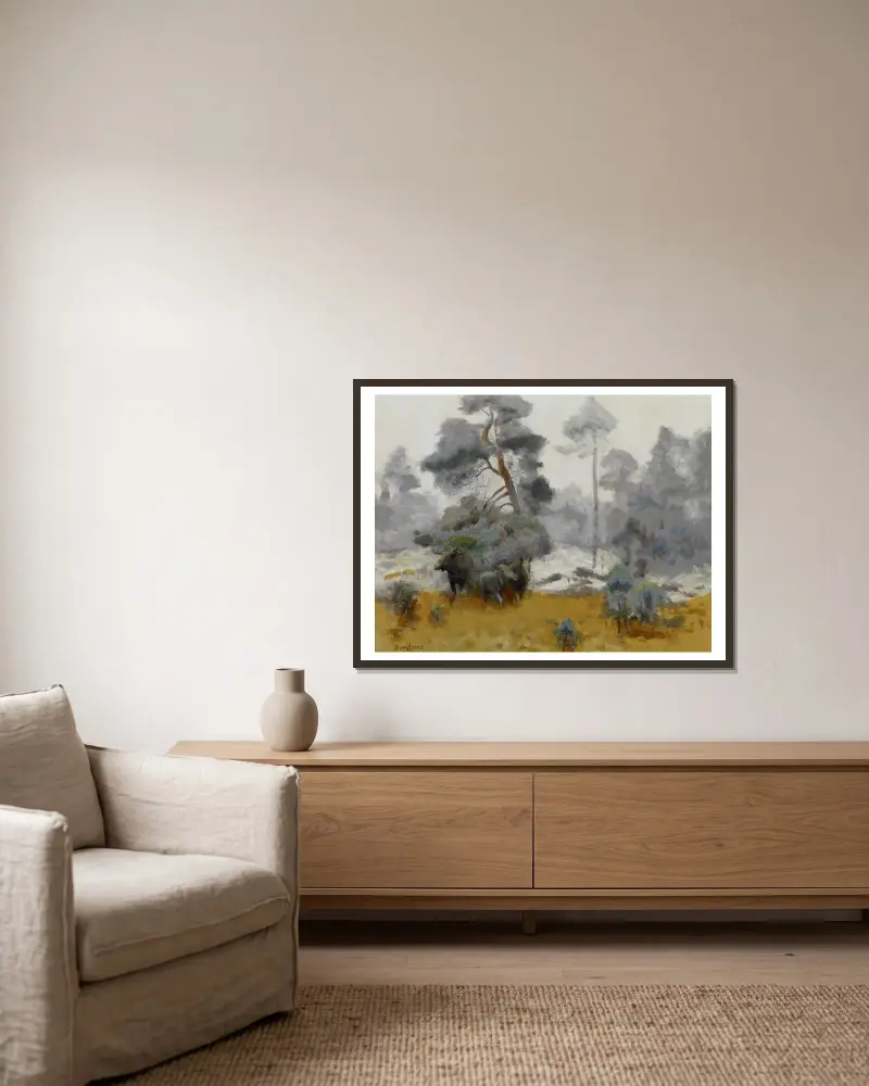 Elchfamilie, die auf eine Lichtung tritt von Bruno Liljefors gerahmt an einer Wand