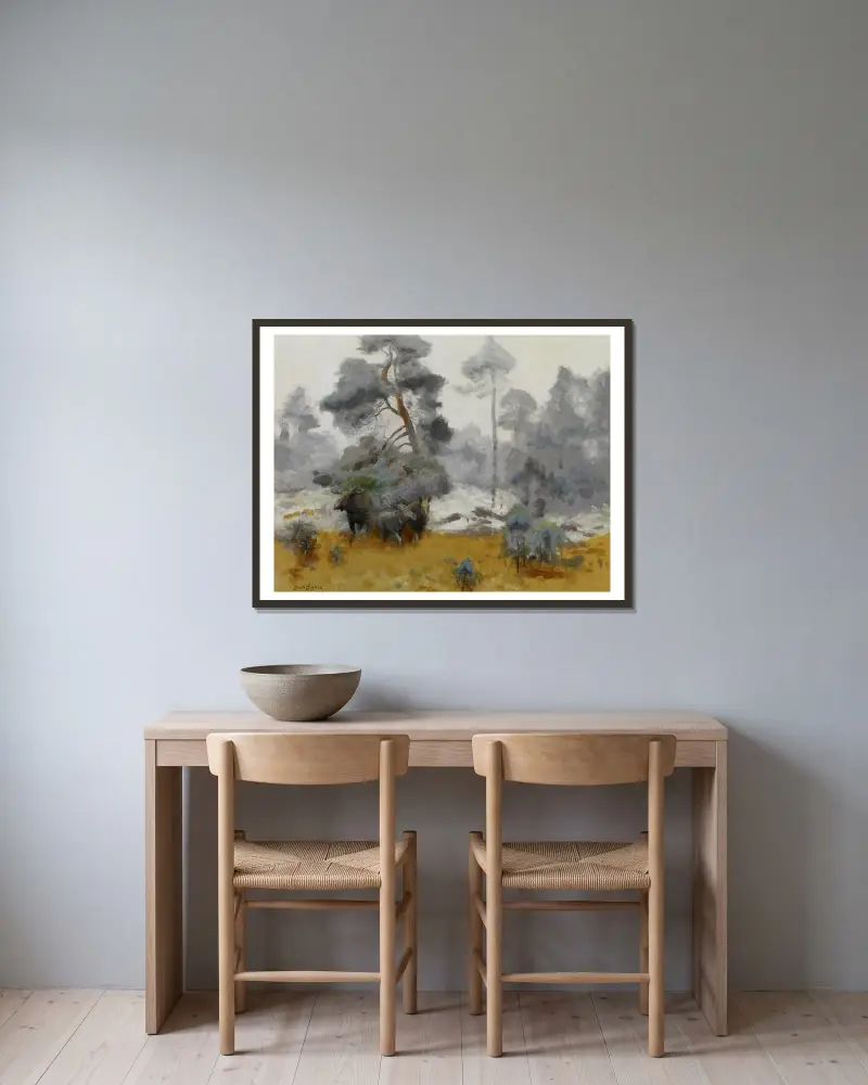 Elchfamilie, die auf eine Lichtung tritt von Bruno Liljefors gerahmt an einer Wand