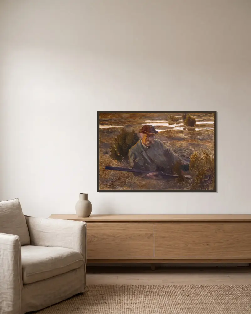 Selbstbildnis von Bruno Liljefors gerahmt an einer Wand