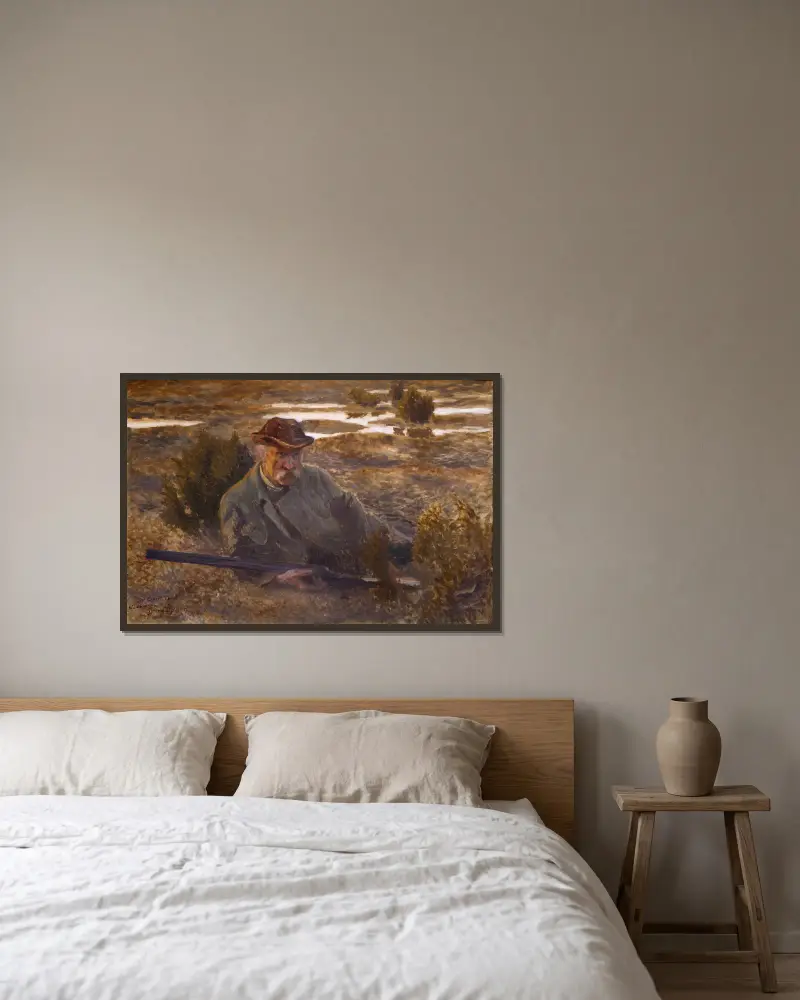 Selbstbildnis von Bruno Liljefors gerahmt an einer Wand