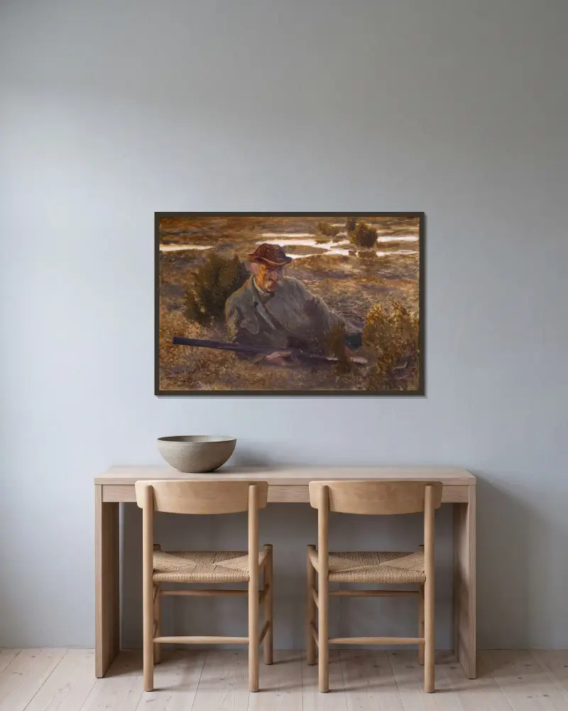 Selbstbildnis von Bruno Liljefors gerahmt an einer Wand