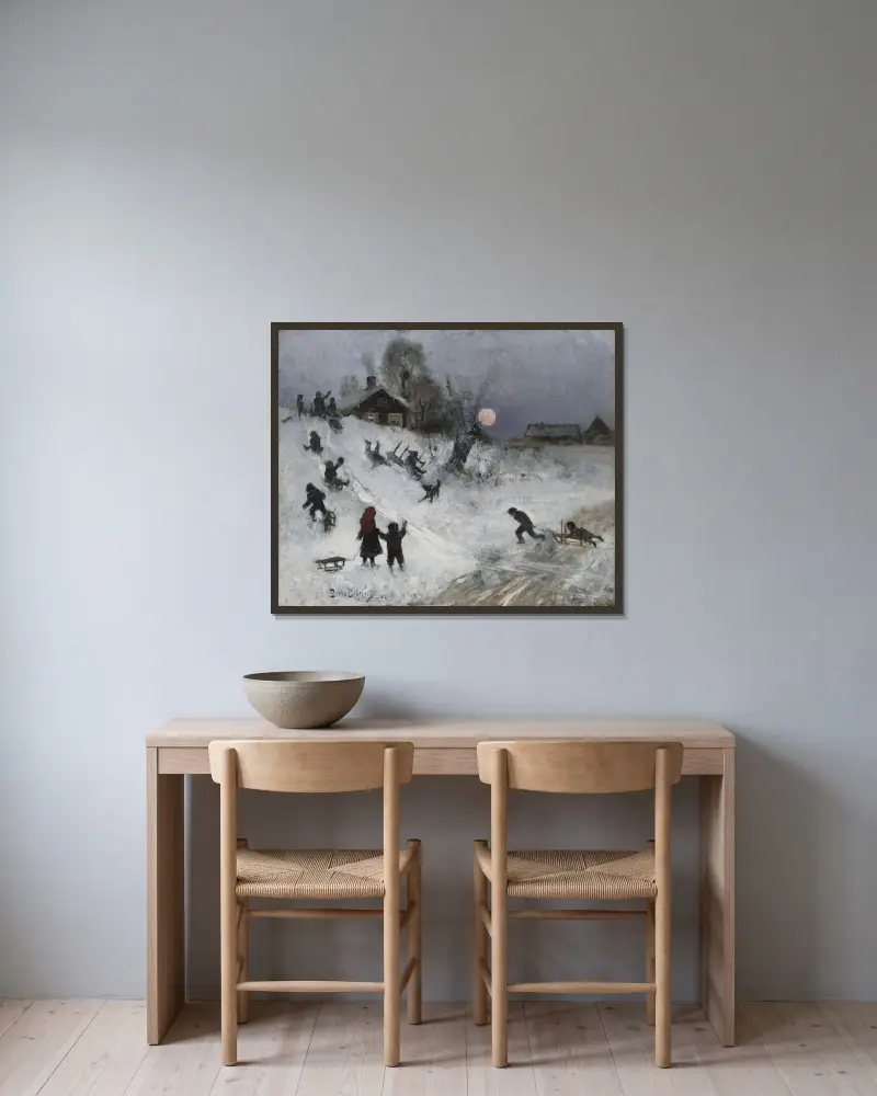Kälkåkning av Bruno Liljefors inramad på en vägg