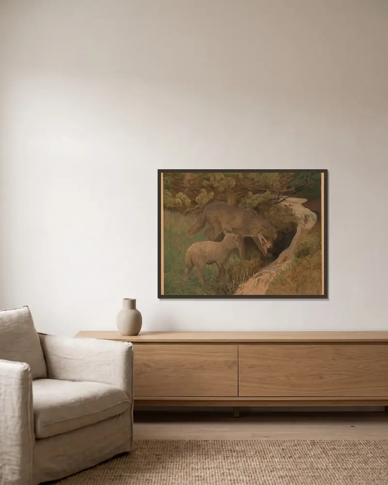 Der Wolf und das Lamm von Bruno Liljefors gerahmt an einer Wand