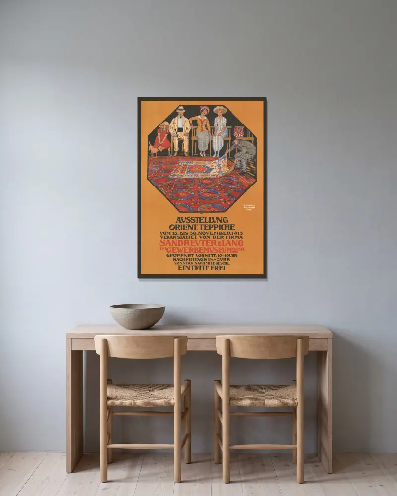 Ausstellung Orient. Teppiche – Veranstaltet von der Firma Sandreuter & Lang – im Gewerbemuseum von Burkhard Mangold gerahmt an einer Wand