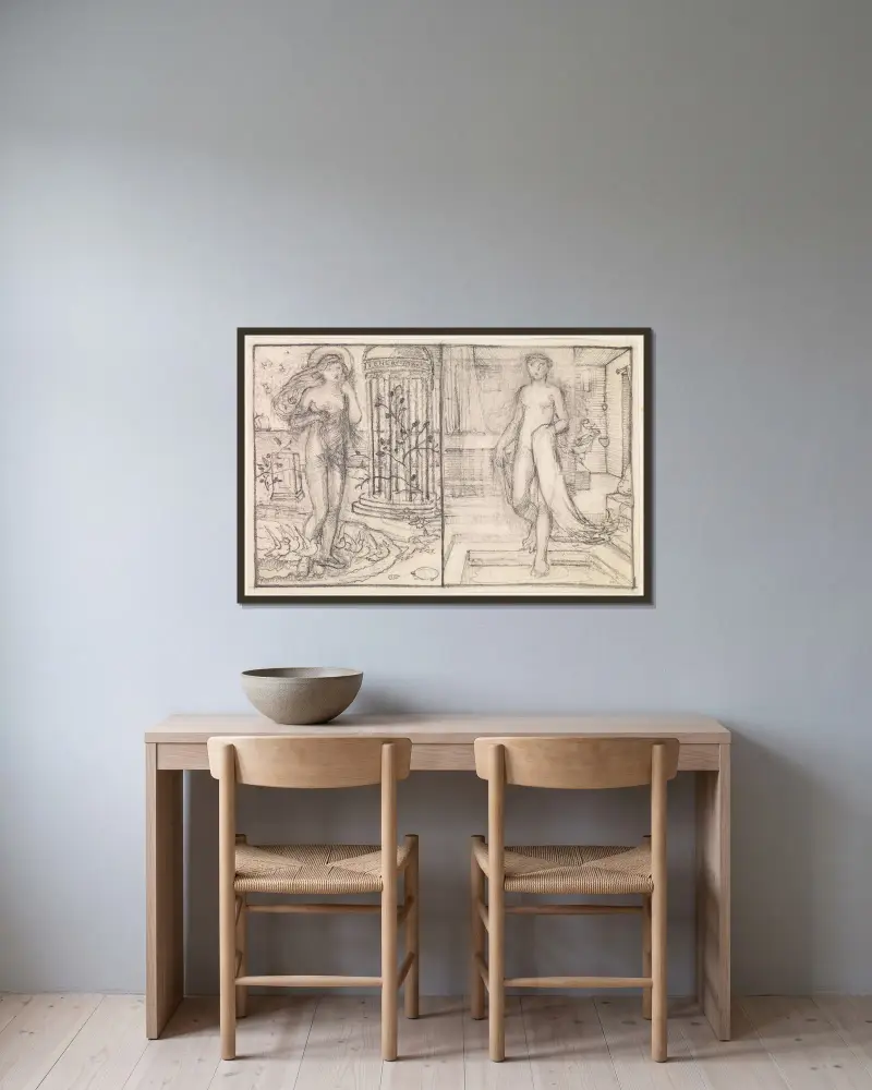 Amor und Psyche – Zwei Studien der Venus am Meeressaum und Psyche beim Bad von Sir Edward Coley Burne-Jones gerahmt an einer Wand