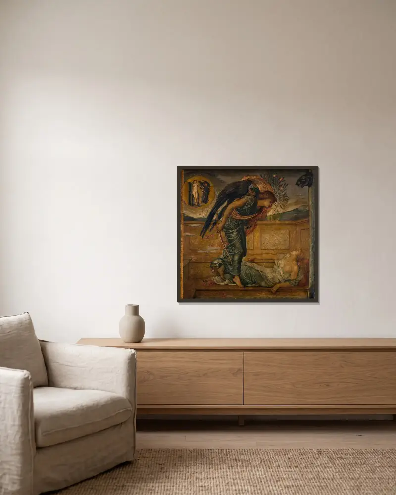 Amor finner Psyche sovande vid en fontän av Sir Edward Coley Burne-Jones inramad på en vägg