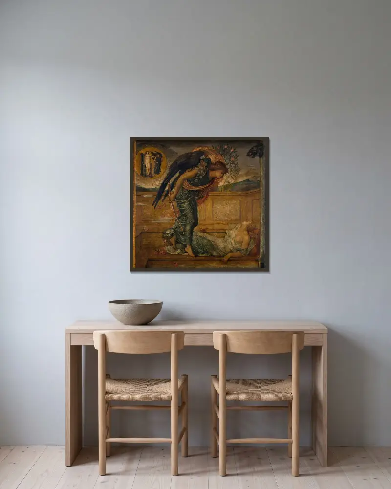 Amor finner Psyche sovande vid en fontän av Sir Edward Coley Burne-Jones inramad på en vägg