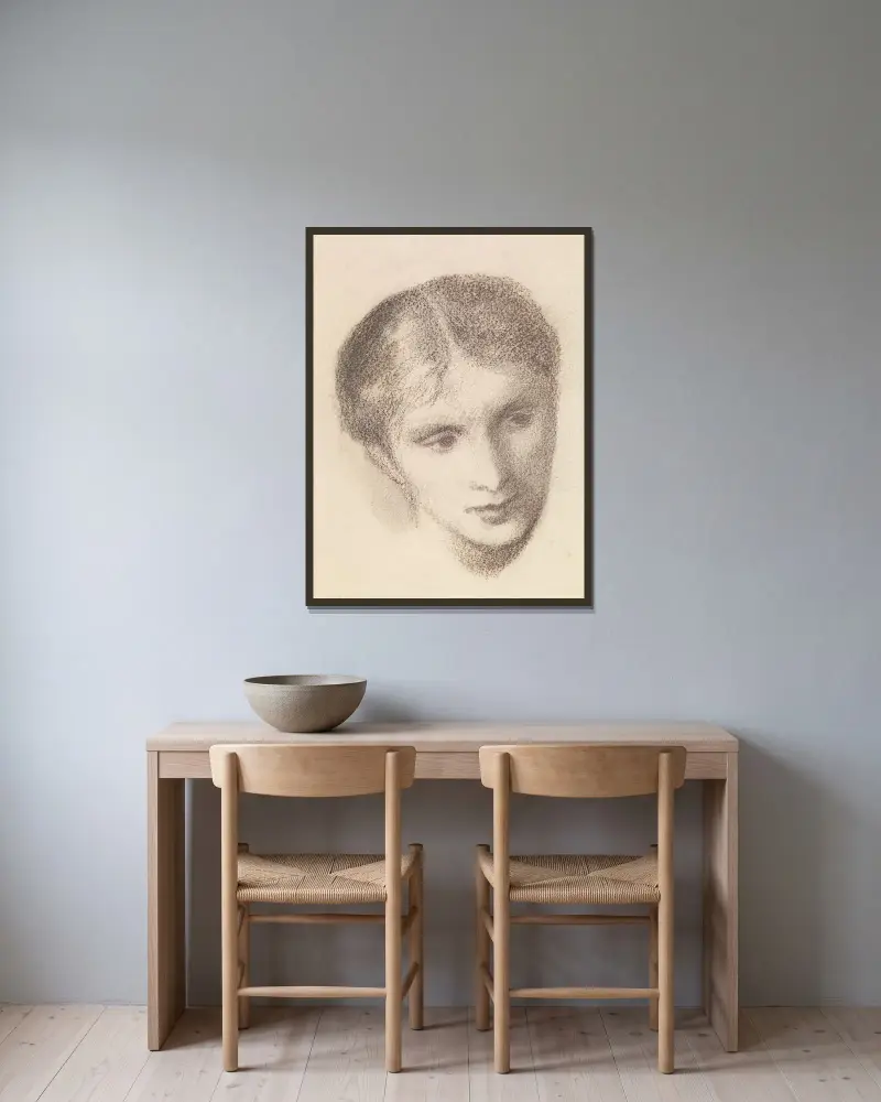 Kvinnohuvud – studie av en kvinna – nr 2 av Sir Edward Coley Burne-Jones inramad på en vägg