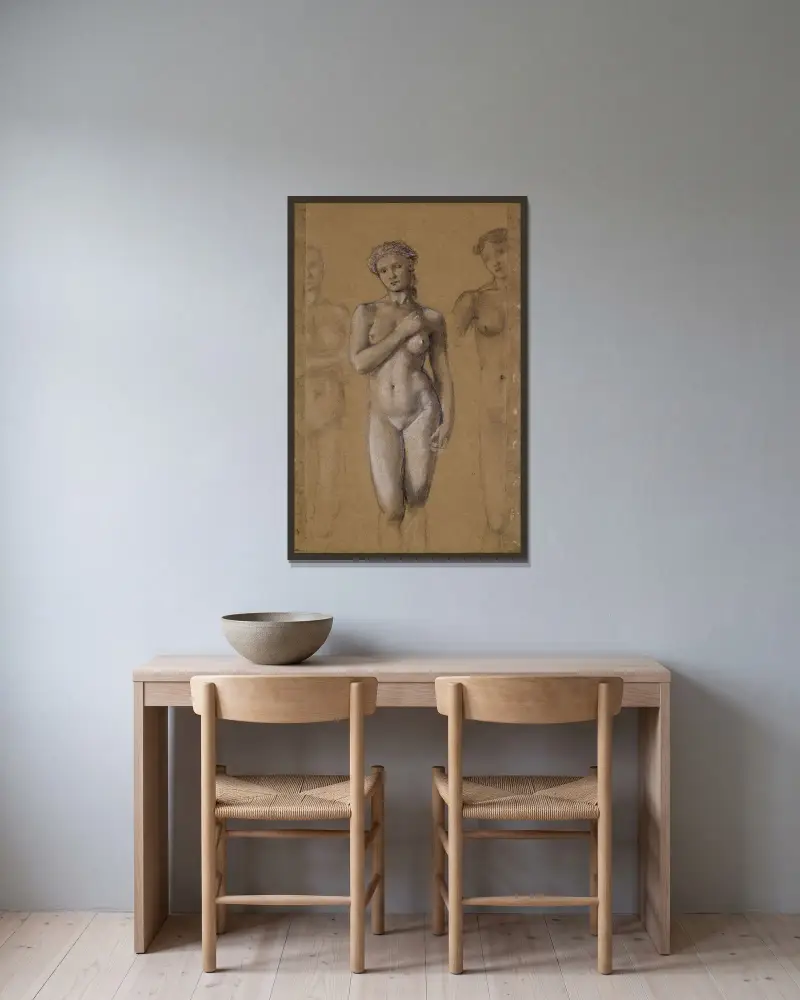 Kvinnlig nakenstudie – tre studier, möjligen för Venus av Sir Edward Coley Burne-Jones inramad på en vägg