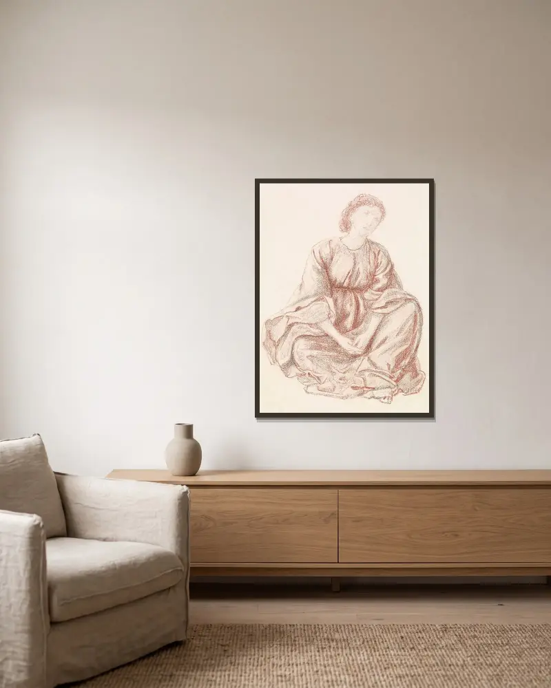 Grön sommar – draperistudie för den centrala figuren av Sir Edward Coley Burne-Jones inramad på en vägg