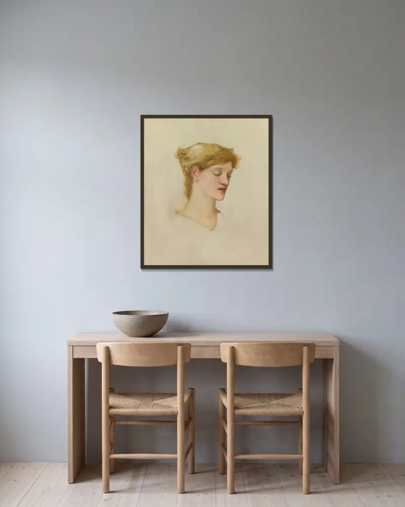 Kvinnohuvud – nr 1 av Sir Edward Coley Burne-Jones inramad på en vägg
