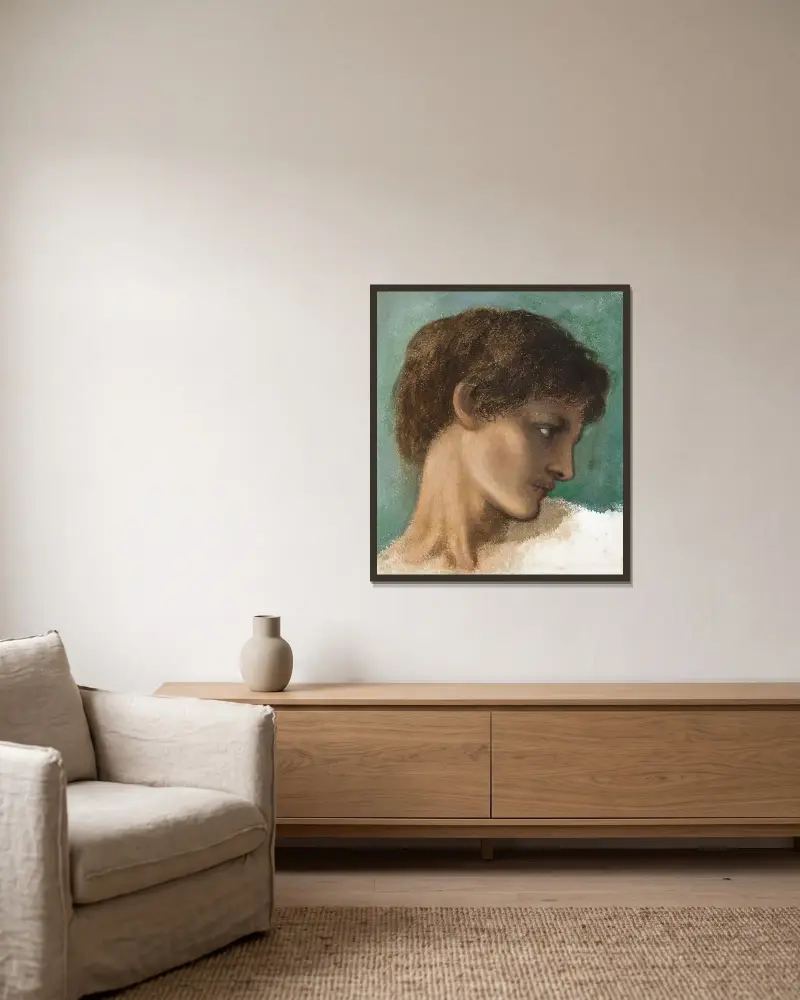 Huvud av en ung man av Sir Edward Coley Burne-Jones inramad på en vägg