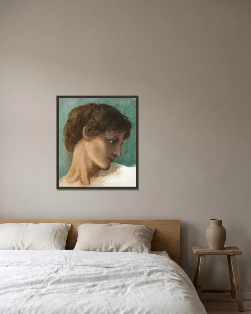 Huvud av en ung man av Sir Edward Coley Burne-Jones inramad på en vägg