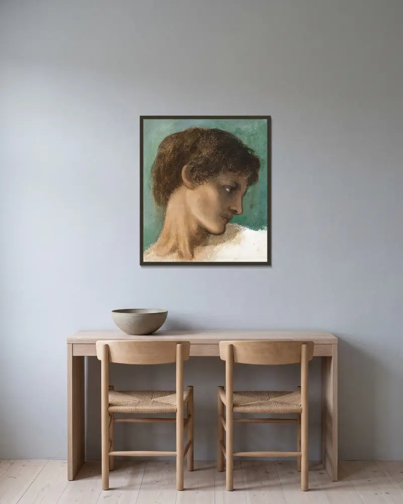 Huvud av en ung man av Sir Edward Coley Burne-Jones inramad på en vägg