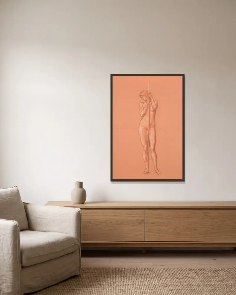 Aktstudie für eine Begleitfigur mit Speer in Der Schlaf von Arthur in Avalon von Sir Edward Coley Burne-Jones gerahmt an einer Wand
