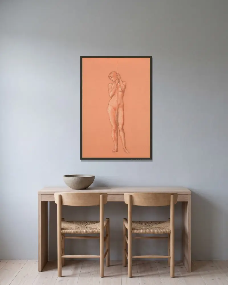 Aktstudie für eine Begleitfigur mit Speer in Der Schlaf von Arthur in Avalon von Sir Edward Coley Burne-Jones gerahmt an einer Wand