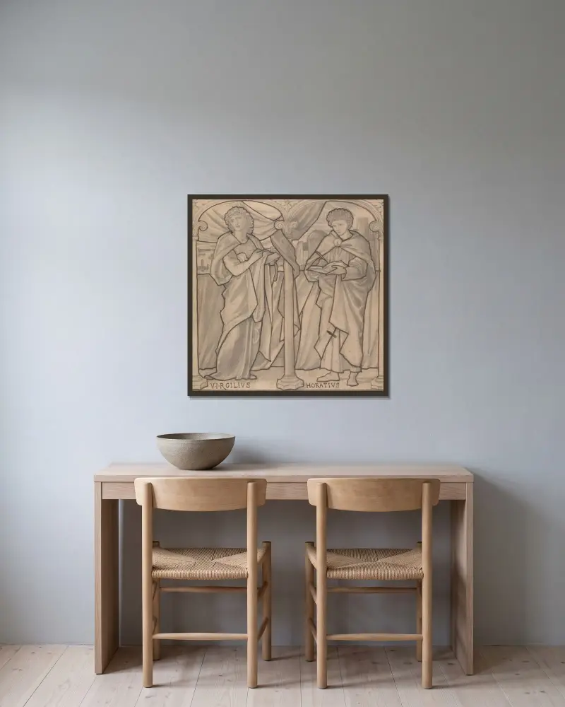 Vorbereitender Entwurf für ein Glasmalereifenster, Vergil und Horaz von Sir Edward Coley Burne-Jones gerahmt an einer Wand