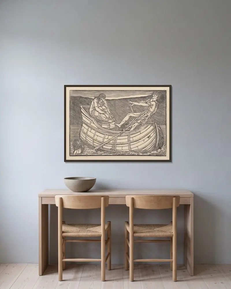 Psyche och vålnaden vid Styx av Sir Edward Coley Burne-Jones inramad på en vägg