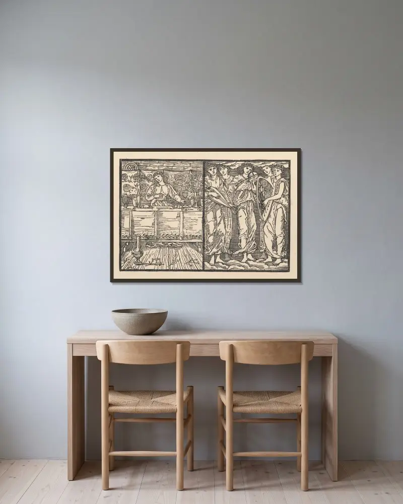 Psyche at the feast; The invisible musicians av Sir Edward Coley Burne-Jones inramad på en vägg