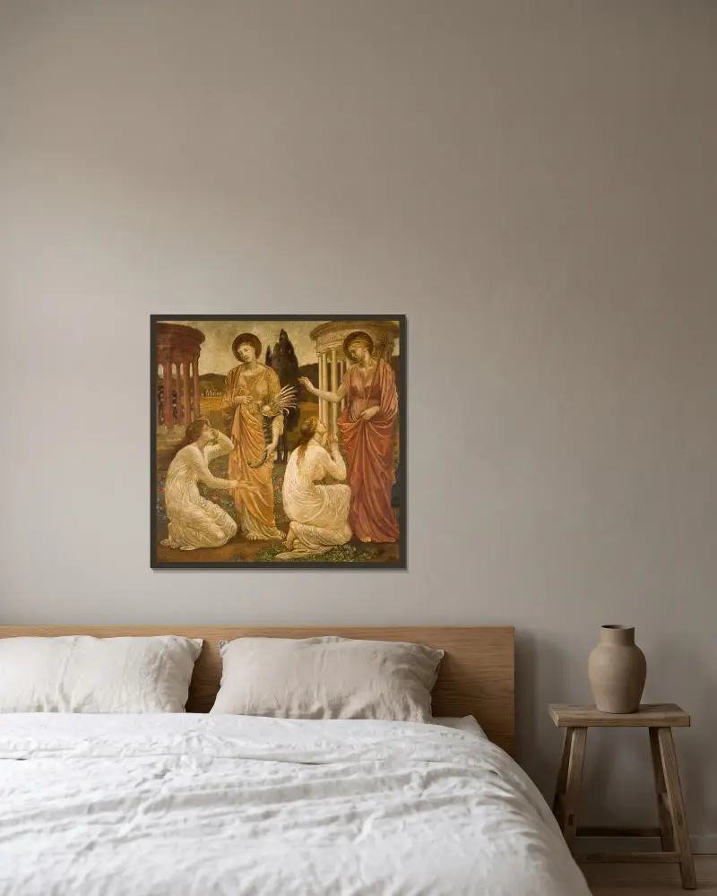Psyche vid Junos och Ceres helgedomar av Sir Edward Coley Burne-Jones inramad på en vägg