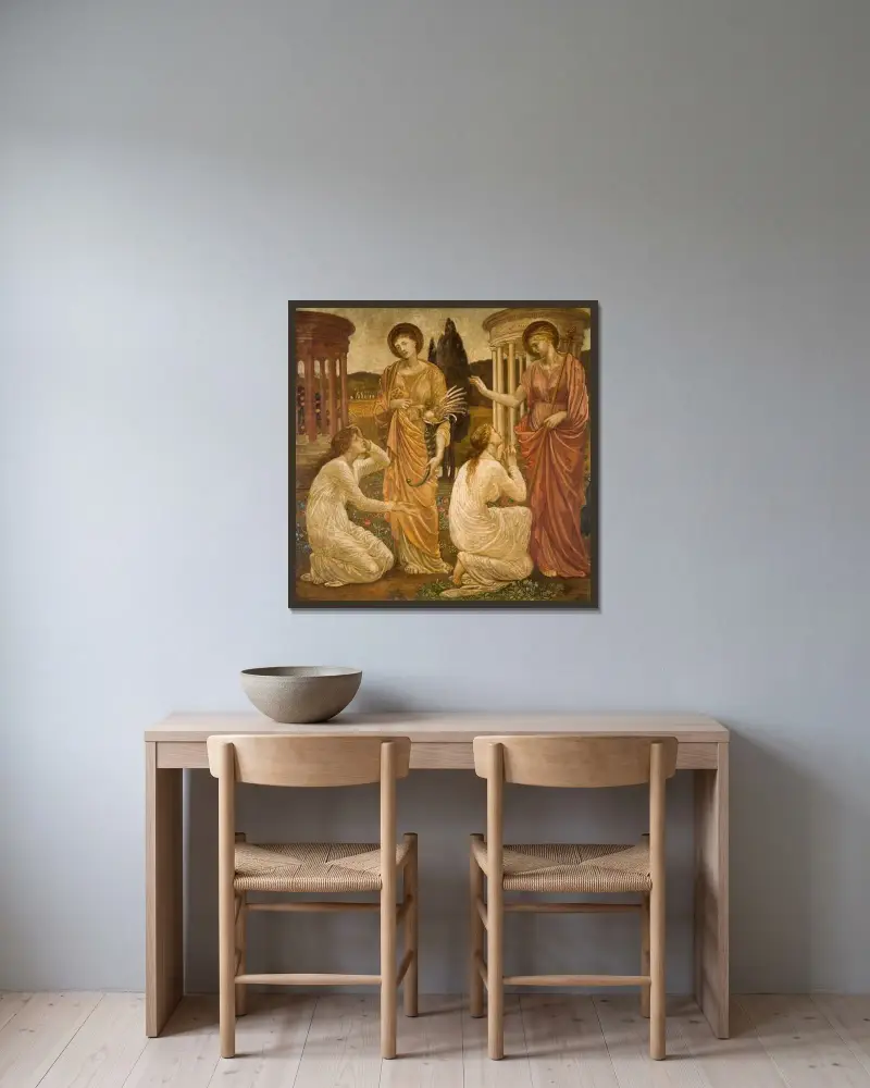 Psyche vid Junos och Ceres helgedomar av Sir Edward Coley Burne-Jones inramad på en vägg