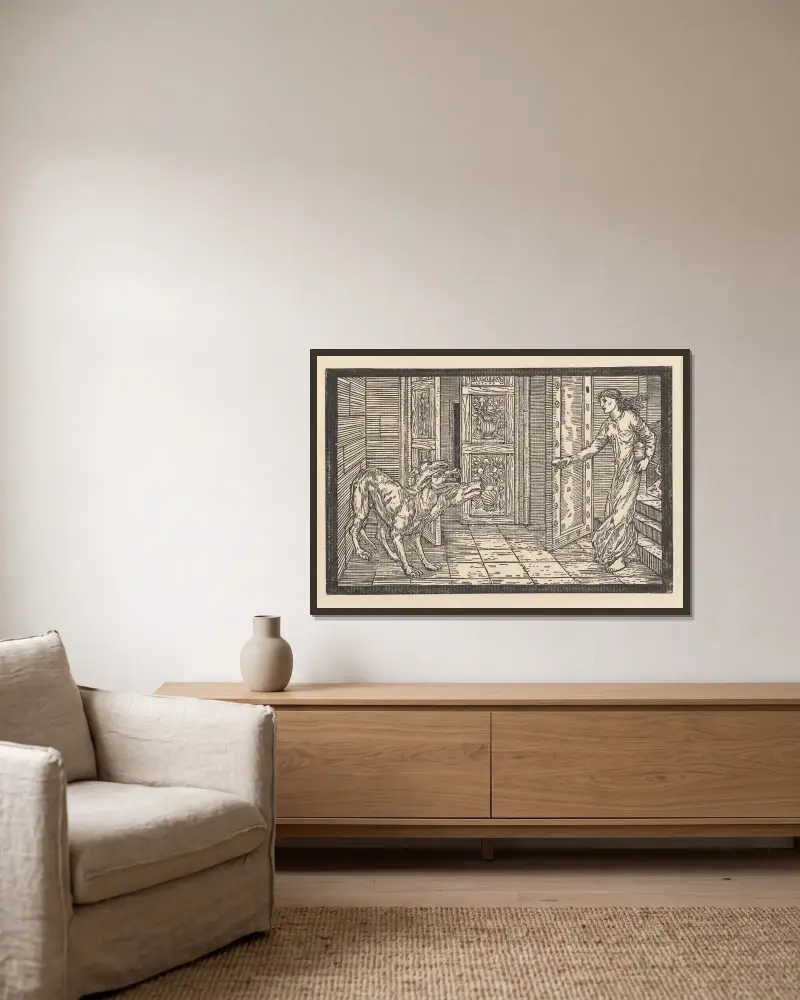 Psyche kastar honungskakorna till Kerberos av Sir Edward Coley Burne-Jones inramad på en vägg