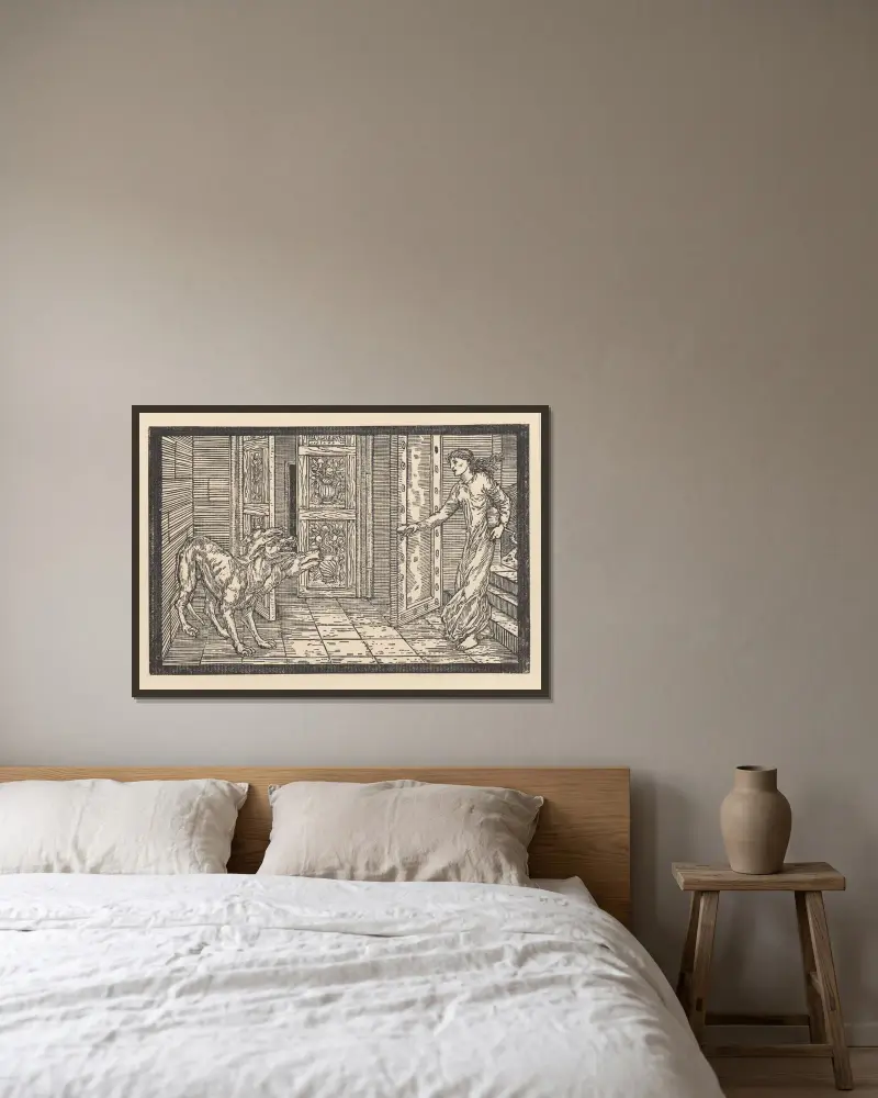 Psyche kastar honungskakorna till Kerberos av Sir Edward Coley Burne-Jones inramad på en vägg