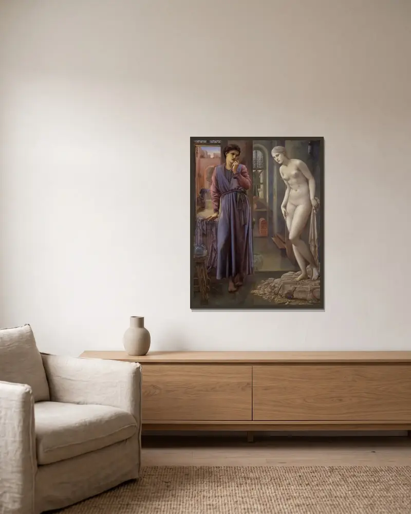 Pygmalion och bilden – Handen dröjer av Sir Edward Coley Burne-Jones inramad på en vägg