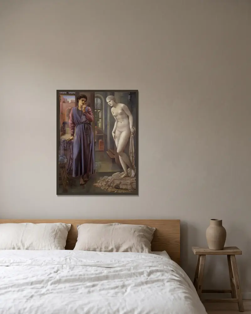 Pygmalion och bilden – Handen dröjer av Sir Edward Coley Burne-Jones inramad på en vägg