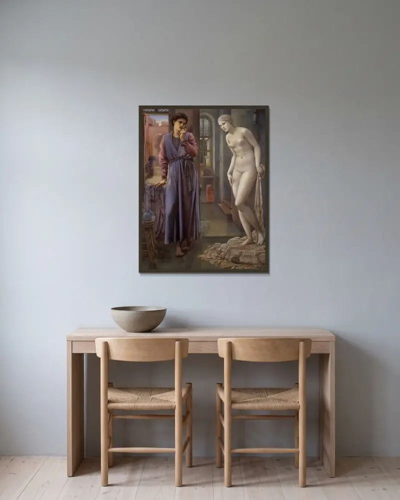 Pygmalion och bilden – Handen dröjer av Sir Edward Coley Burne-Jones inramad på en vägg